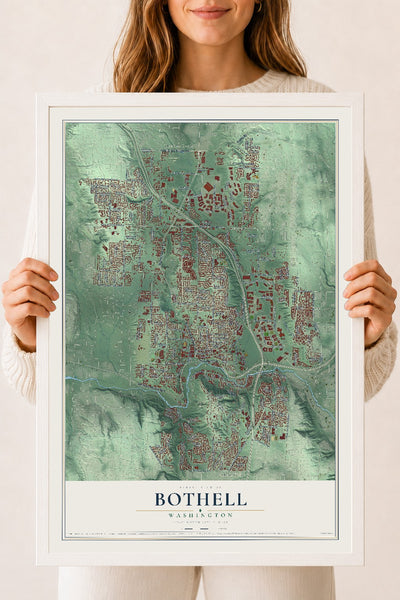 Map of Bothell, Washington, 18 x 24 inch print in a white wood frame