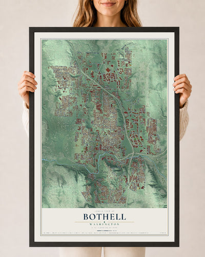 Map of Bothell, Washington, 24 x 36 inch print in a black wood frame
