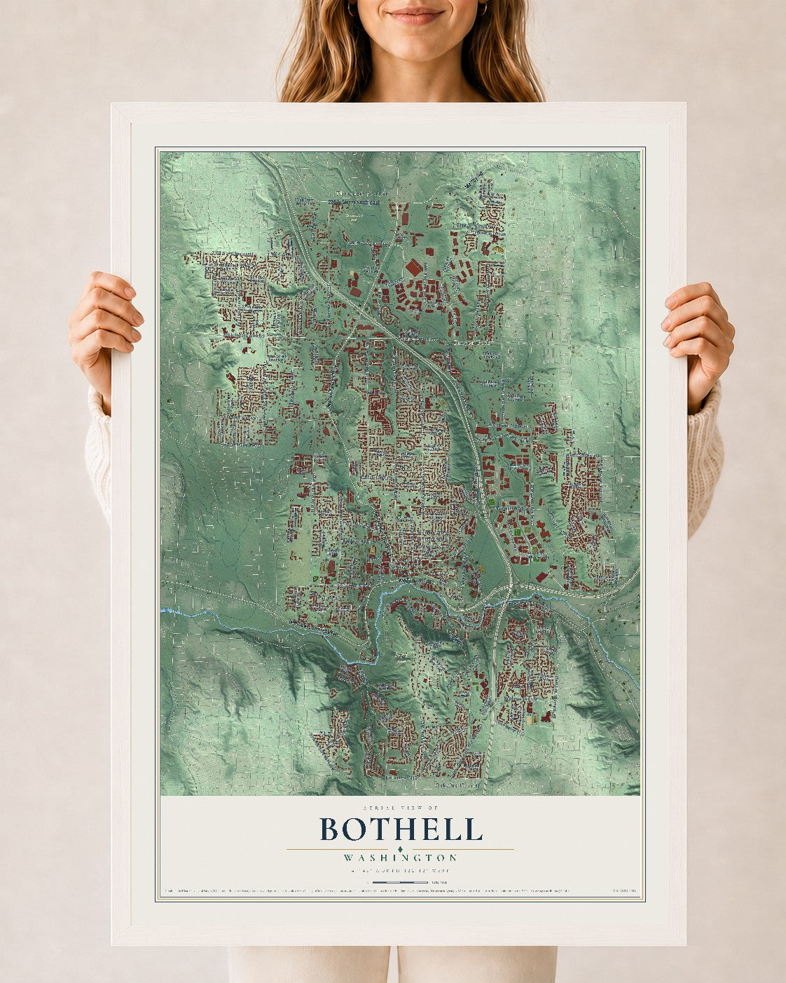 Map of Bothell, Washington, 24 x 36 inch print in a white wood frame