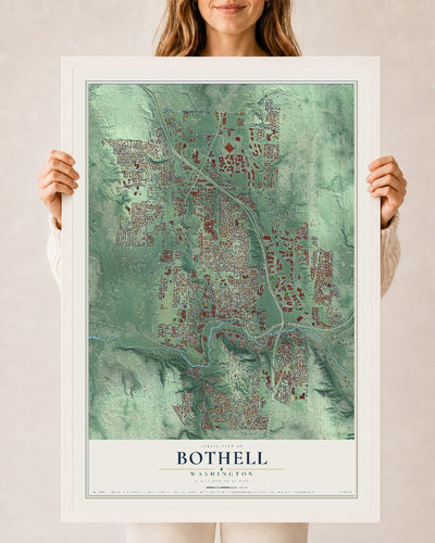 Map of Bothell, Washington, 24 x 36 inch print in a white wood frame