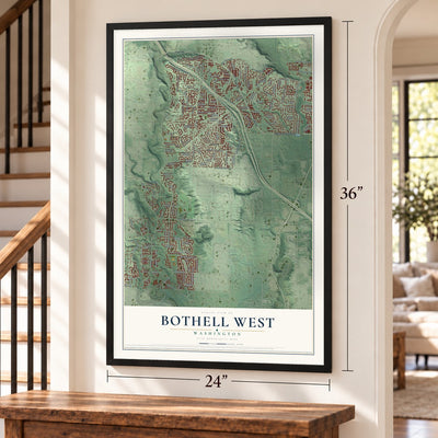 Bothell West, Washington map, 24 x 36 inch print in a black frame by a staircase