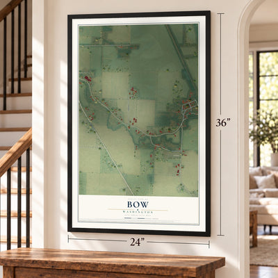 Bow, Washington map, 24 x 36 inch print in a black frame by a staircase
