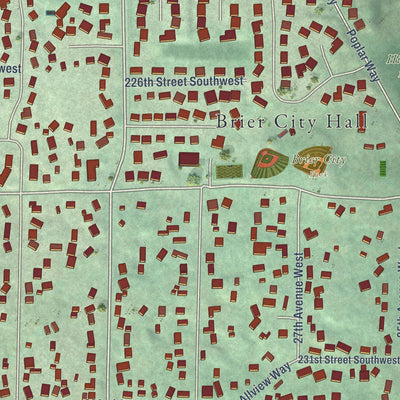 Close-up of the map of Brier, Washington print showing street and building detail