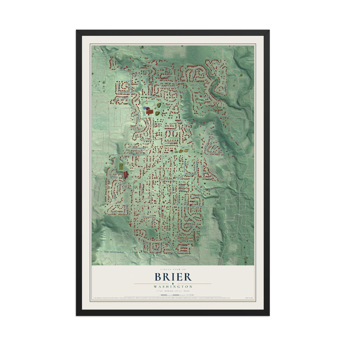 Map of Brier, Washington, 12 x 18 inch print in a black wood frame