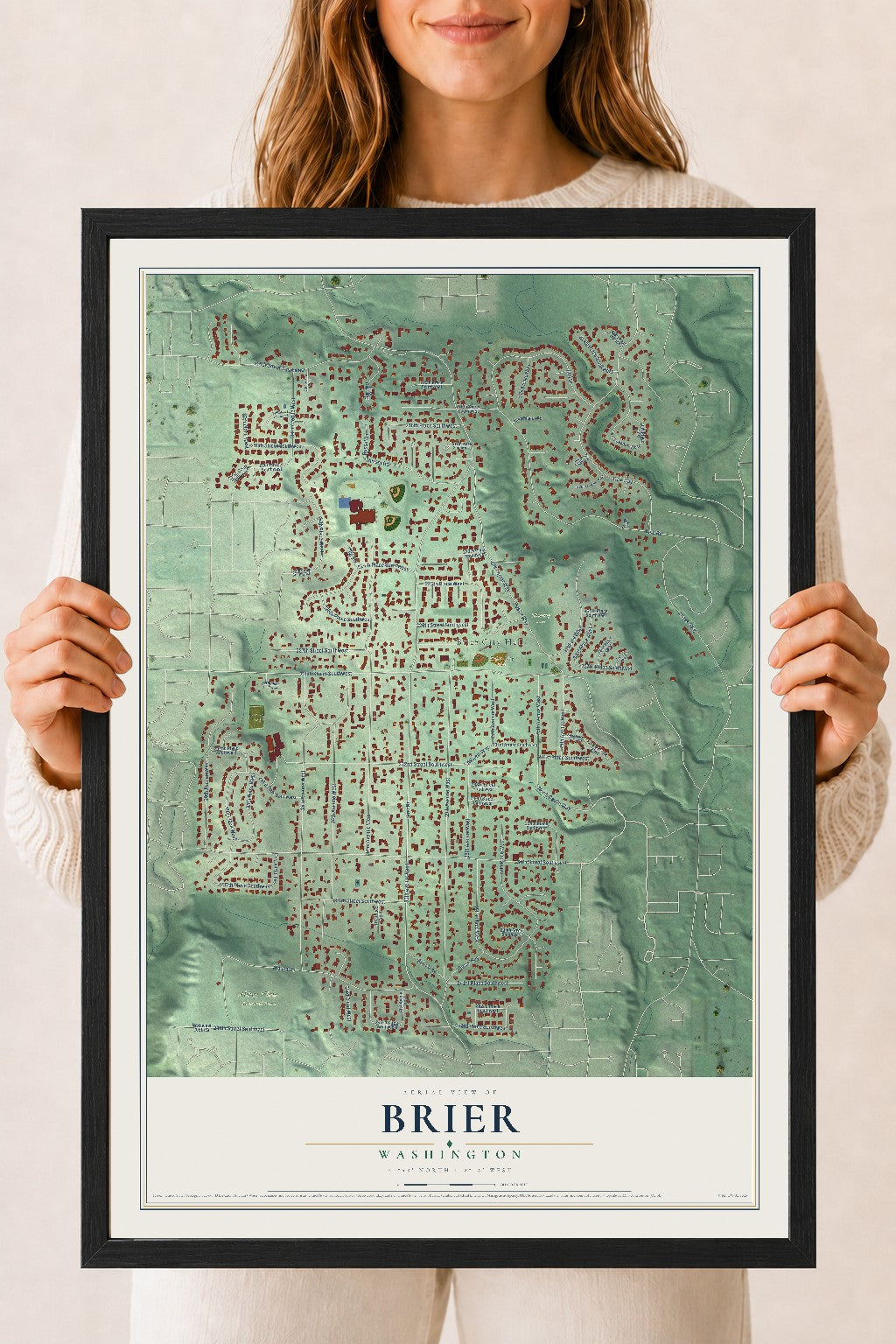 Map of Brier, Washington, 18 x 24 inch print in a black wood frame