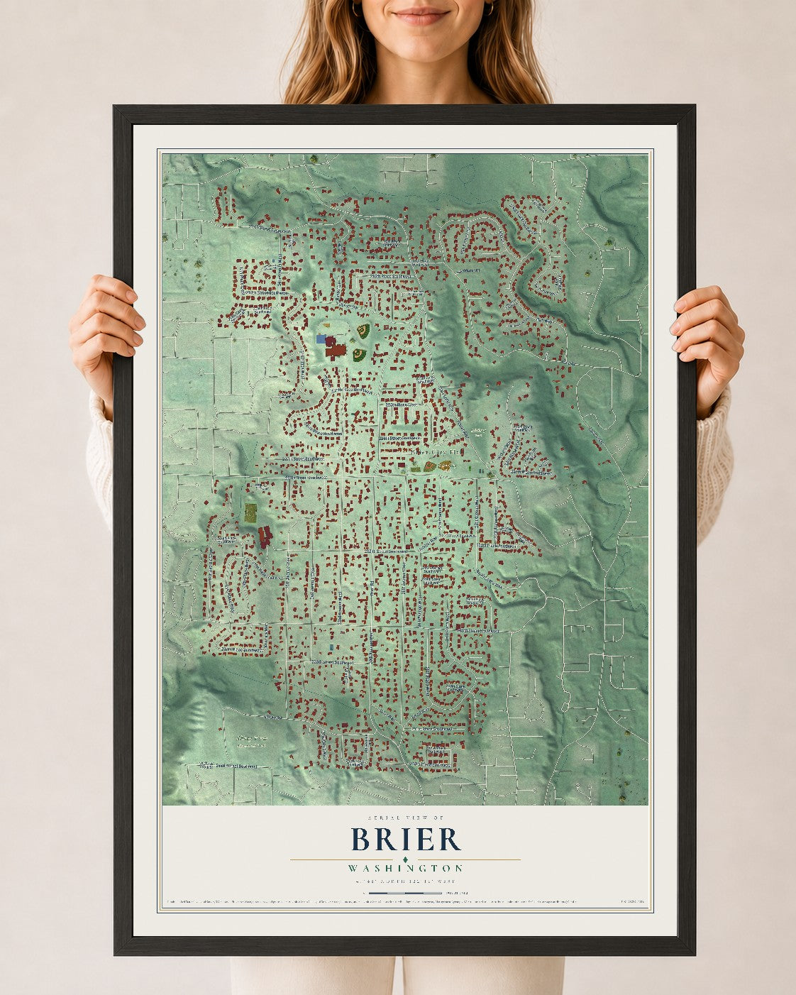 Map of Brier, Washington, 24 x 36 inch print in a black wood frame