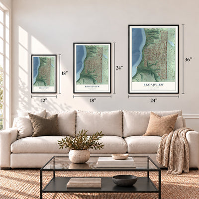 Broadview, Washington map in 12 x 18, 18 x 24 and 24 x 36 inch sizes above a sofa
