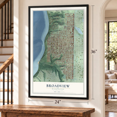 Broadview, Washington map, 24 x 36 inch print in a black frame by a staircase