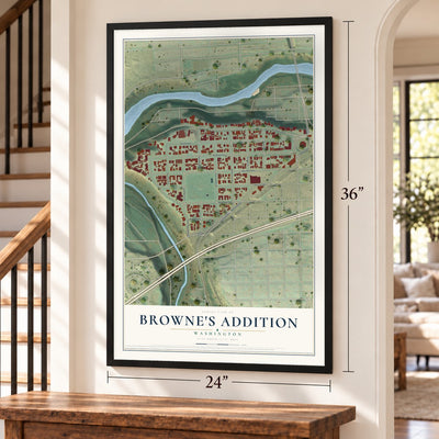 Browne's Addition, Washington map, 24 x 36 inch print in a black frame by a staircase