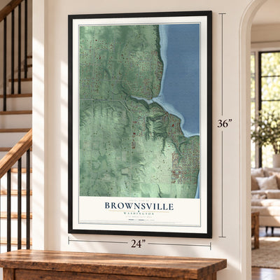 Brownsville, Washington map, 24 x 36 inch print in a black frame by a staircase