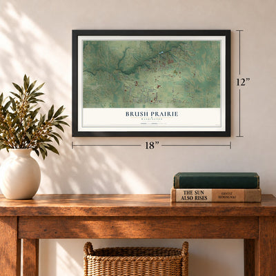 Brush Prairie, Washington map, 12 x 18 inch print in a black frame in an entryway