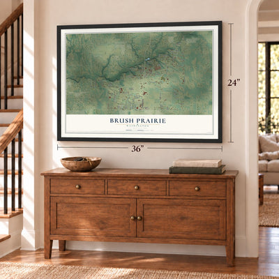 Brush Prairie, Washington map, 24 x 36 inch print in a black frame above a dresser by a staircase