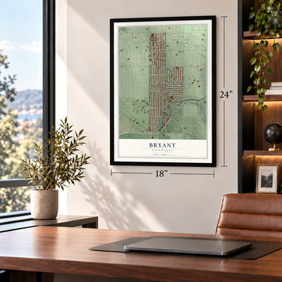 Bryant, Seattle, Washington map, 18 x 24 inch print in a black frame in a home office
