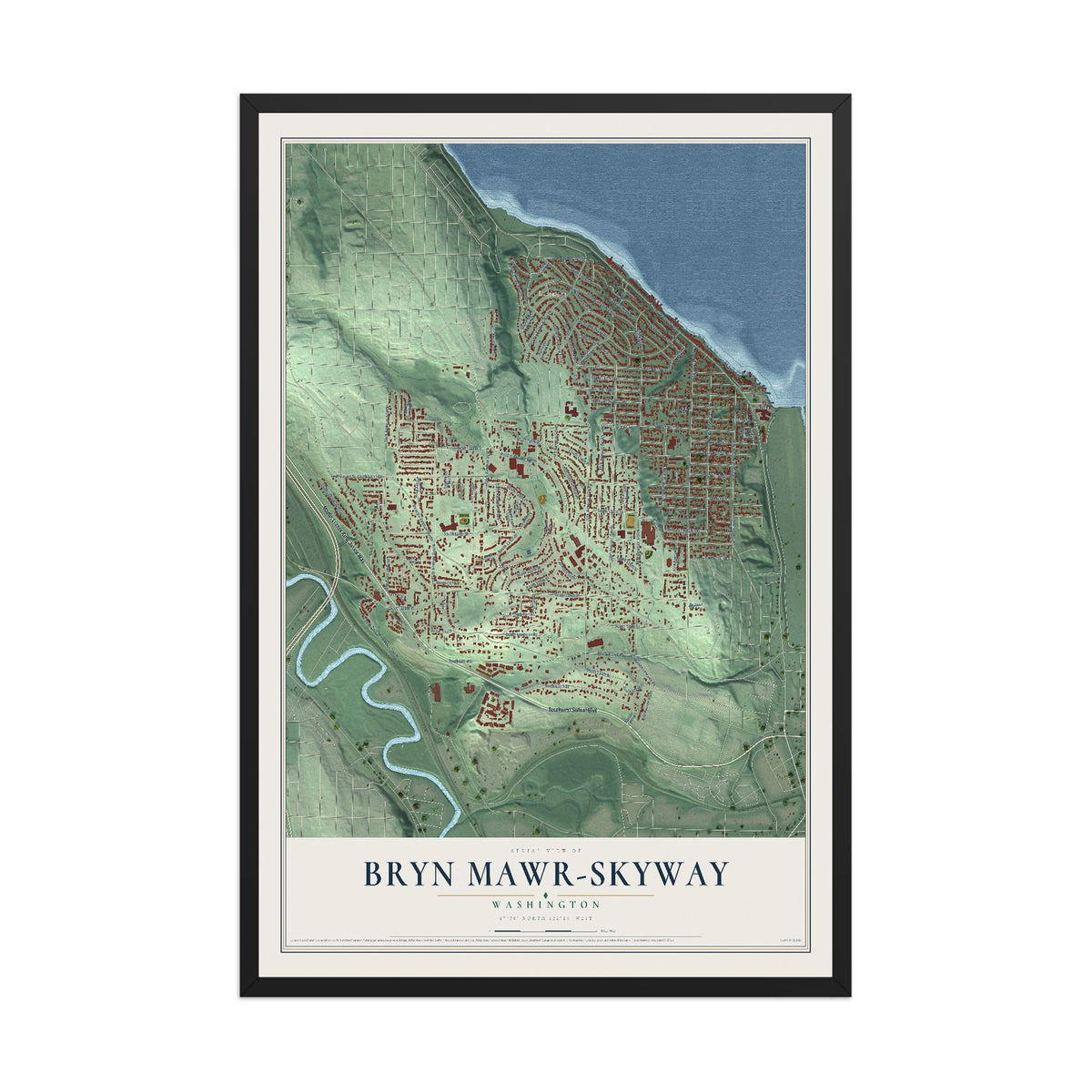 Map of Bryn Mawr-Skyway, Washington, 12 x 18 inch print in a black wood frame