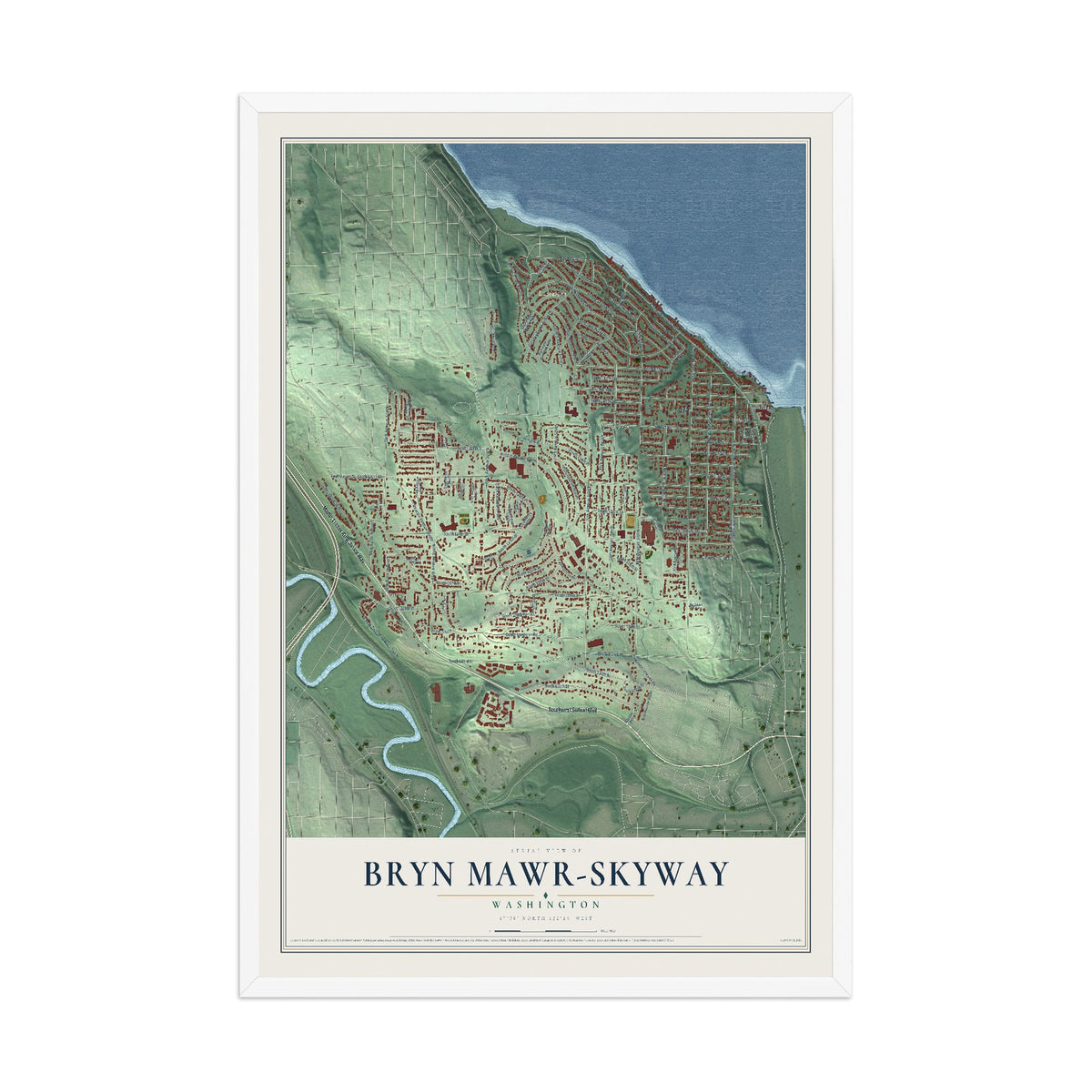 Map of Bryn Mawr-Skyway, Washington, 12 x 18 inch print in a white wood frame