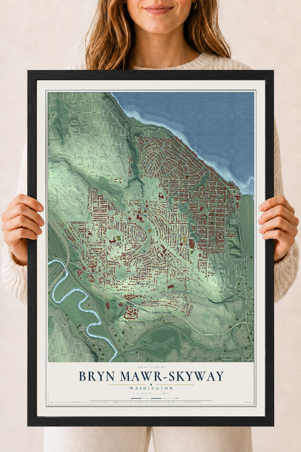 Map of Bryn Mawr-Skyway, Washington, 18 x 24 inch print in a black wood frame