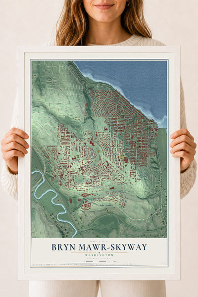 Map of Bryn Mawr-Skyway, Washington, 18 x 24 inch print in a white wood frame