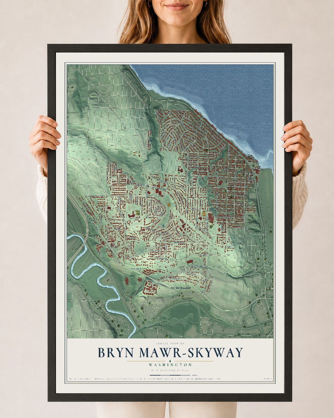 Map of Bryn Mawr-Skyway, Washington, 24 x 36 inch print in a black wood frame