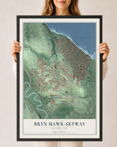 Map of Bryn Mawr-Skyway, Washington, 24 x 36 inch print in a black wood frame