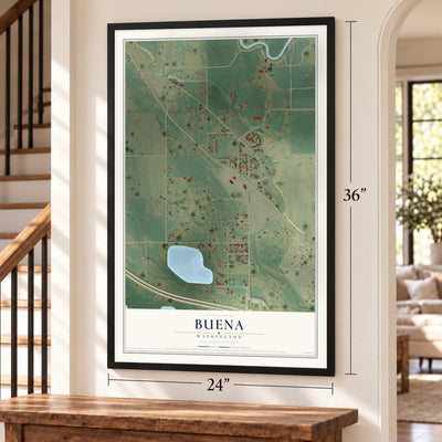 Buena, Washington map, 24 x 36 inch print in a black frame by a staircase