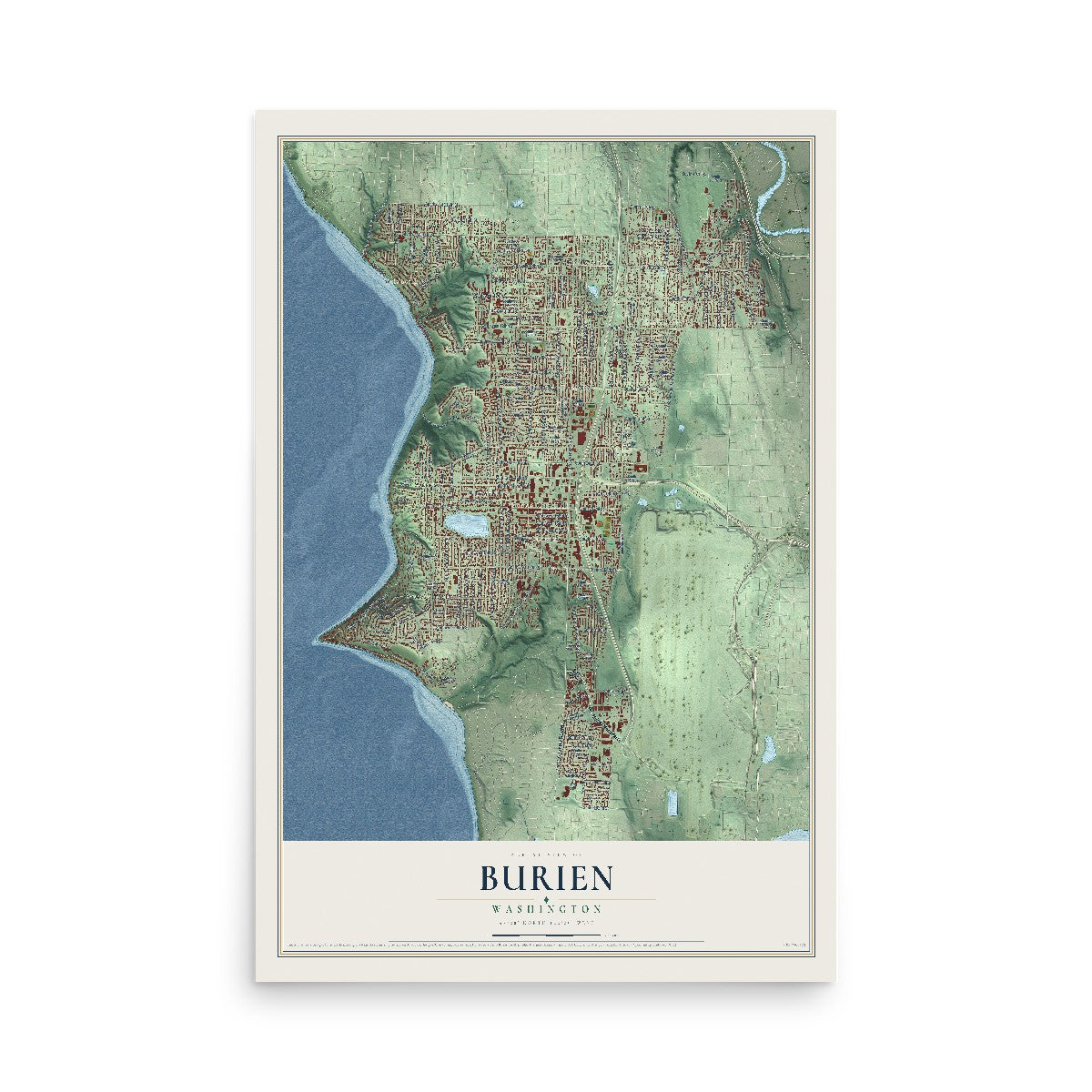 Map of Burien, Washington, 12 x 18 inch unframed archival matte print
