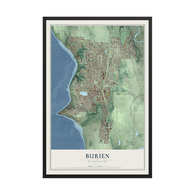 Map of Burien, Washington, 12 x 18 inch print in a black wood frame