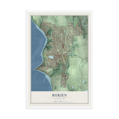 Map of Burien, Washington, 12 x 18 inch print in a white wood frame