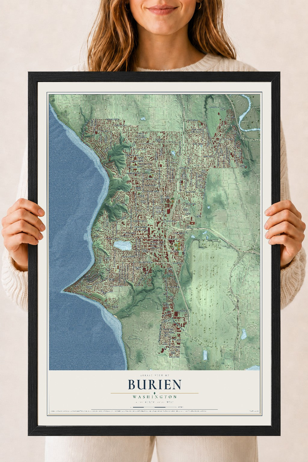 Map of Burien, Washington, 18 x 24 inch print in a black wood frame