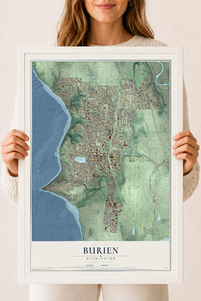 Map of Burien, Washington, 18 x 24 inch print in a white wood frame