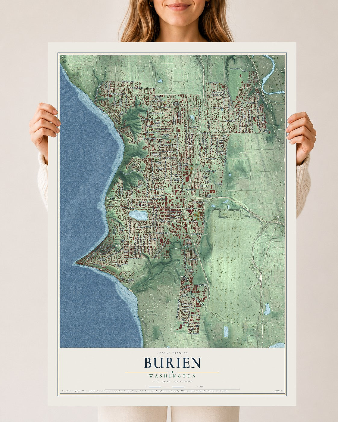 Map of Burien, Washington, 24 x 36 inch unframed archival matte print