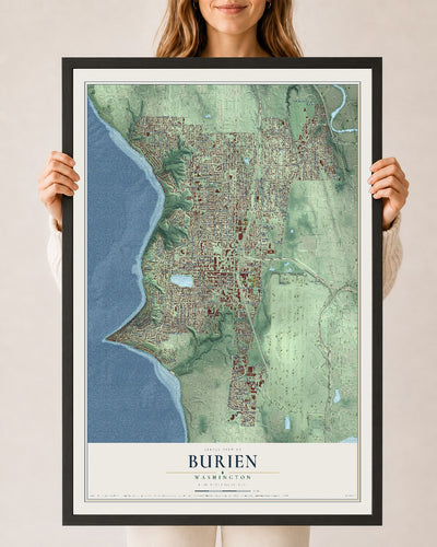 Map of Burien, Washington, 24 x 36 inch print in a black wood frame