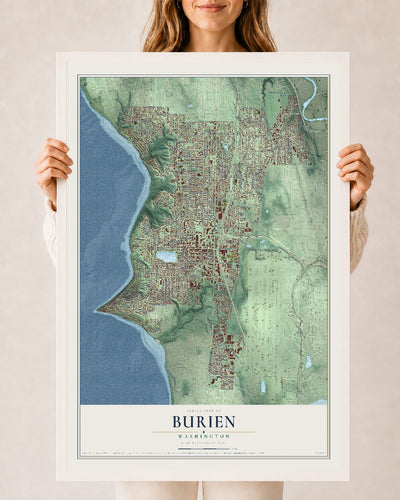 Map of Burien, Washington, 24 x 36 inch print in a white wood frame