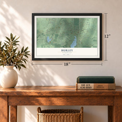 Burley, Washington map, 12 x 18 inch print in a black frame in an entryway