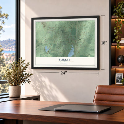 Burley, Washington map, 18 x 24 inch print in a black frame in a home office