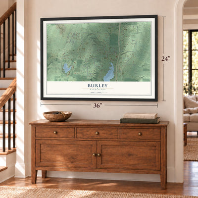Burley, Washington map, 24 x 36 inch print in a black frame above a dresser by a staircase