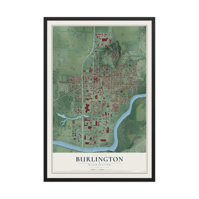 Map of Burlington, Washington, 12 x 18 inch print in a black wood frame