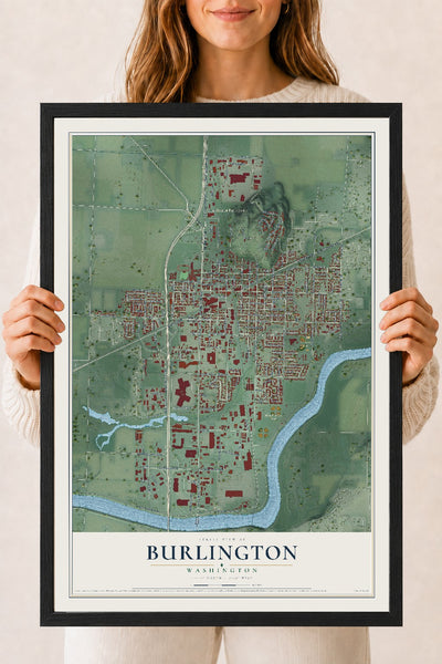Map of Burlington, Washington, 18 x 24 inch print in a black wood frame