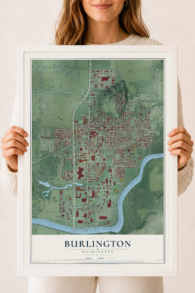 Map of Burlington, Washington, 18 x 24 inch print in a white wood frame