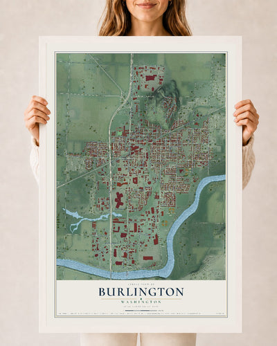 Map of Burlington, Washington, 24 x 36 inch print in a white wood frame