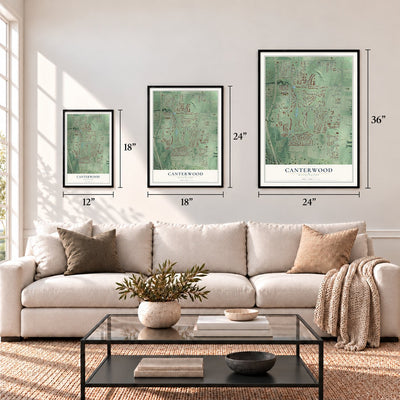 Canterwood, Washington map in 12 x 18, 18 x 24 and 24 x 36 inch sizes above a sofa