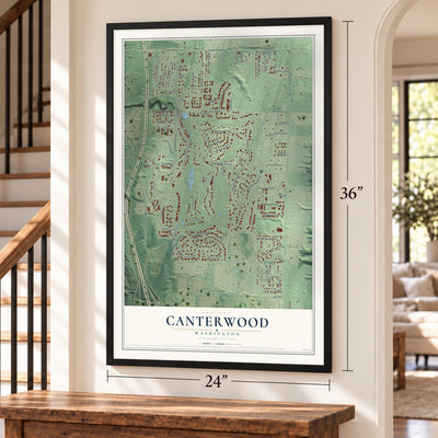 Canterwood, Washington map, 24 x 36 inch print in a black frame by a staircase