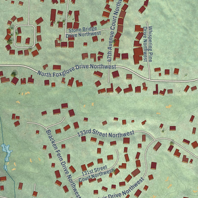 Close-up of the map of Canterwood, Washington print showing street and building detail