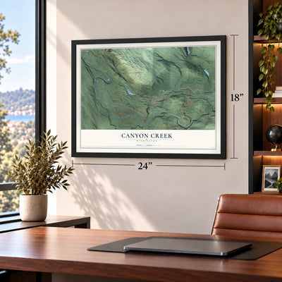 Canyon Creek, Washington map, 18 x 24 inch print in a black frame in a home office