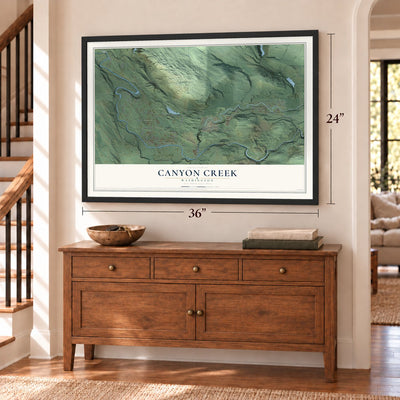 Canyon Creek, Washington map, 24 x 36 inch print in a black frame above a dresser by a staircase
