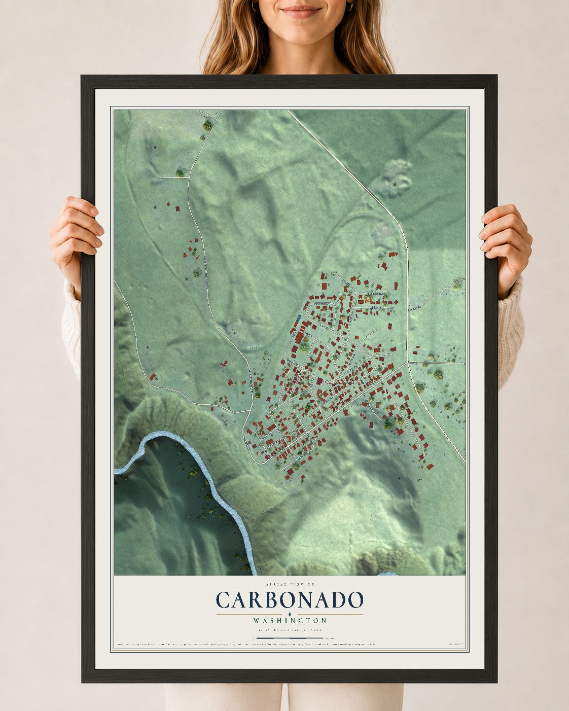 Map of Carbonado, Washington, 24 x 36 inch print in a black wood frame
