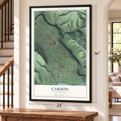 Carson, Washington map, 24 x 36 inch print in a black frame by a staircase