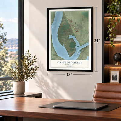 Cascade Valley, Washington map, 18 x 24 inch print in a black frame in a home office