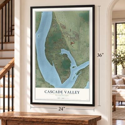 Cascade Valley, Washington map, 24 x 36 inch print in a black frame by a staircase