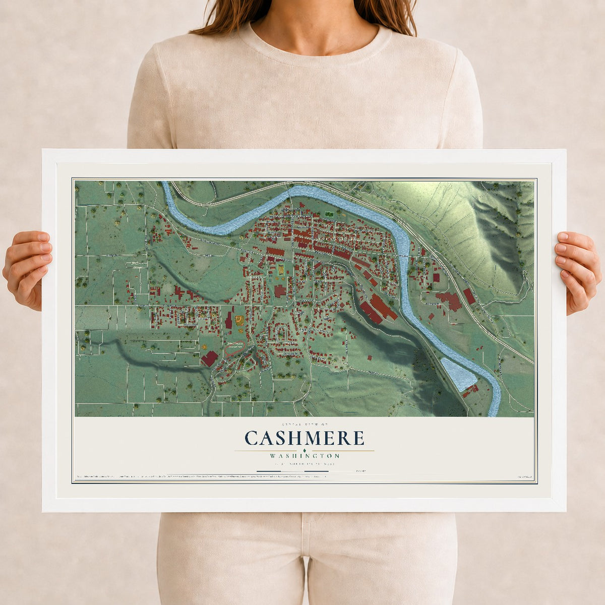 Map of Cashmere, Washington, 12 x 18 inch print in a white wood frame