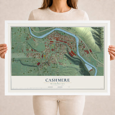 Map of Cashmere, Washington, 18 x 24 inch print in a white wood frame